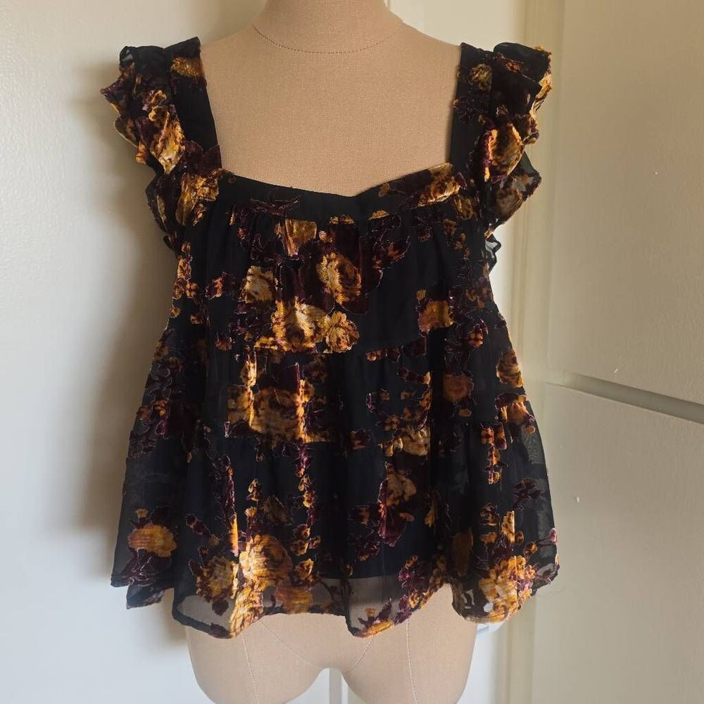 Blue Rain Blk/Gold Burnout Velvet Crop Top, Short Ruffle Slvs, NWOT, S